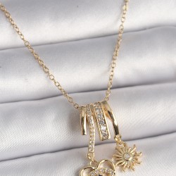 316L Çelik Gold Renk Zincir Zirkon Taşlı Sallantı Kalp Model Güneş Detay Kadın Charm Kolye