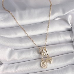 316L Çelik Gold Renk Zincir Sallantı Minimal Portre Gül Model Kalp Detay Kadın Charm Kolye