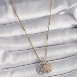 316L Çelik Gold Renk Zincir Zirkon Taşlı Ay Güneş Model Kadın Charm Kolye