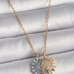 316L Çelik Gold Renk Zincir Zirkon Taşlı Ay Güneş Model Kadın Charm Kolye
