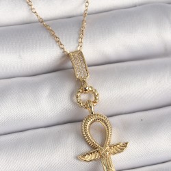316L Çelik Gold Renk Zincir Zirkon Taşlı Ankh Model Kadın Kolye