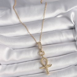 316L Çelik Gold Renk Zincir Zirkon Taşlı Ankh Model Kadın Kolye