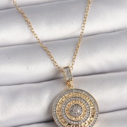316L Çelik Gold Renk Zincir Zirkon Taşlı Madalyon Model Labirent İşleme Kadın Kolye
