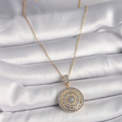 316L Çelik Gold Renk Zincir Zirkon Taşlı Madalyon Model Labirent İşleme Kadın Kolye