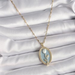 316L Çelik Gold Renk Zincir Mavi Portre Beyaz Gül İşleme Kadın Kolye