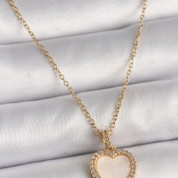 316L Çelik Gold Renk Zincir Zirkon Taşlı Beyaz Mineli Kalp Model Kadın Kolye