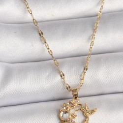 316L Çelik Gold Renk Zincir Zirkon Taşlı Sinek Kuşu Figür Çiçek Kadın Kolye