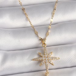 316L Çelik Gold Renk Zincir Zirkon Taşlı Kuzey Yıldızı Sallantı Taş Detay Kadın Kolye