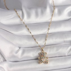 316L Çelik Gold Renk Zincir Renkli Zirkon Taşlı Ayıcık Figür Kalp Detay Kadın Kolye