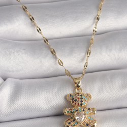 316L Çelik Gold Renk Zincir Renkli Zirkon Taşlı Ayıcık Figür Kalp Detay Kadın Kolye