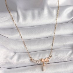 316L Çelik Gold Renk Zincir Zirkon Taşlı Pembe Mineli Fiyonk Model Sallantı Taş Detay Kadın Kolye