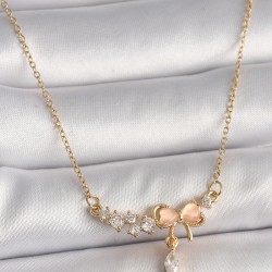 316L Çelik Gold Renk Zincir Zirkon Taşlı Pembe Mineli Fiyonk Model Sallantı Taş Detay Kadın Kolye