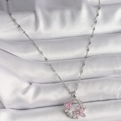 316L Çelik Gümüş Renk Zincir Pembe Zirkon Taşlı Çiçek Figür Kalp Detay Kadın Kolye