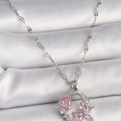 316L Çelik Gümüş Renk Zincir Pembe Zirkon Taşlı Çiçek Figür Kalp Detay Kadın Kolye