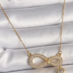 316L Çelik Gold Renk Zincir Zirkon Taşlı Sonsuzluk Model Sallantı Kalp Detay Kadın Kolye