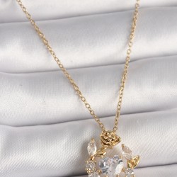 316L Çelik Gold Renk Zincir Zirkon Taşlı Kalp Model Gül Detay Kadın Kolye