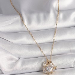 316L Çelik Gold Renk Zincir Zirkon Taşlı Kalp Model Gül Detay Kadın Kolye