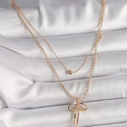 Pirinç Gold Renk 2'Li Zincir Model Kurdele Figür Kadın Kolye