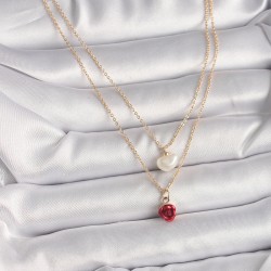 Pirinç Gold Renk 2'Li Zincir Model Gül Figür İnci Detay Kadın Kolye