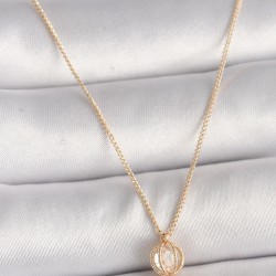 Pirinç Gold Renk Zirkon Taşlı Daire Kafes Model Kadın Kolye