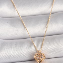 Pirinç Gold Renk 3D Zirkon Taşlı Elmas Model Kadın Kolye