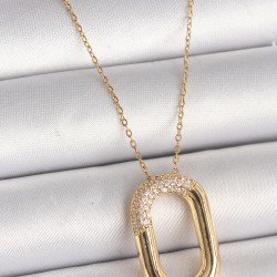316L Çelik Gold Renk Zirkon Taşlı Oval Model Kadın Kolye