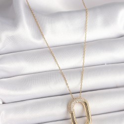 316L Çelik Gold Renk Zirkon Taşlı Oval Model Kadın Kolye