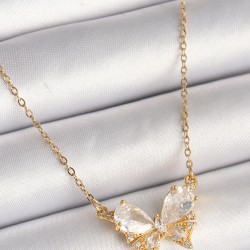 316L Çelik Gold Renk Zincir Zirkon Taşlı Fiyonk Model Kadın Kolye