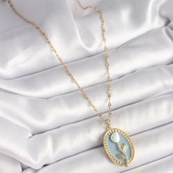 316L Çelik Gold Renk Mavi Oval Portre Model Çiçek İşleme Detay Kadın Kolye