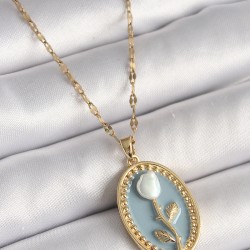 316L Çelik Gold Renk Mavi Oval Portre Model Çiçek İşleme Detay Kadın Kolye