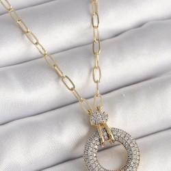 Pirinç Gold Renk Zirkon Taşlı Madalyon Model Kadın Kolye