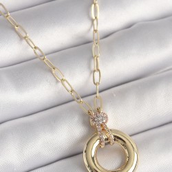 Pirinç Gold Renk Zirkon Taş Detaylı Madalyon Model Kadın Kolye
