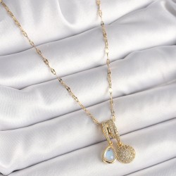 316L Çelik Gold Renk Zincir Zirkon Taşlı Sallantı Mavi Sedefli Damla Figür Kadın Kolye