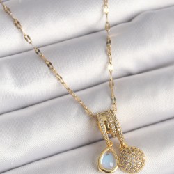 316L Çelik Gold Renk Zincir Zirkon Taşlı Sallantı Mavi Sedefli Damla Figür Kadın Kolye