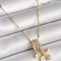 316L Çelik Gold Renk Zincir Sallantı Zirkon Taşlı Arı Figür Damla Detay Kadın Kolye