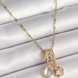 316L Çelik Gold Renk Zincir Sallantı Zirkon Taşlı Çiçek Figür Mavi Sedefli Damla Detay Kadın Kolye