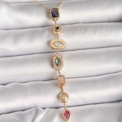 Pirinç Gold Renk Zirkon Taşlı Baget Dekolte Model Kadın Kolye