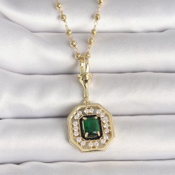 316L Çelik Gold Renk Topçuk Zincir Yeşil Taşlı Seranay Model Kadın Kolye