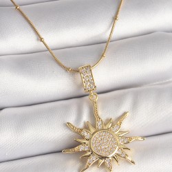 316L Çelik Gold Renk Zirkon Taşlı Sallantı Güneş Model Topçuk Detay Kadın Kolye