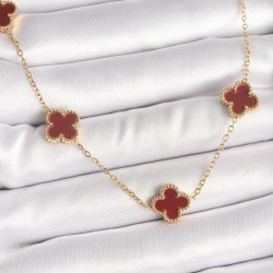 316L Çelik Gold Renk Zincir Bordo Yonca Model Kadın Kolye