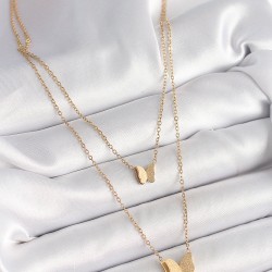 316L Çelik Gold Renk 2'Li Simli Kelebek Model Kadın Kolye