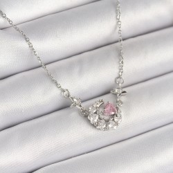 316L Çelik Gümüş Renk Zirkon Taşlı Hilal Pembe Kalp Model Kadın Kolye