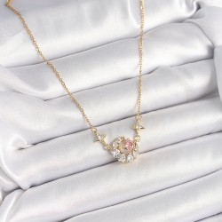 316L Çelik Gold Renk Zirkon Taşlı Hilal Pembe Kalp Model Kadın Kolye