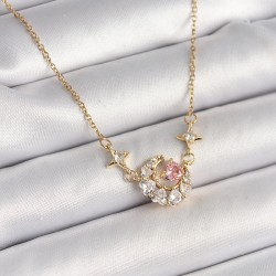 316L Çelik Gold Renk Zirkon Taşlı Hilal Pembe Kalp Model Kadın Kolye
