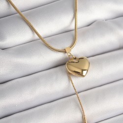 316L Çelik Gold Renk Tüp Zincir Model 3D Sallantı Kalp Kadın Kolye