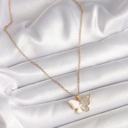 316L Çelik Gold Renk Zincir Zirkon Taşlı Beyaz Mineli Kelebek Model Kadın Kolye