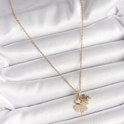 316L Çelik Gold Renk Zincir Sallantı Zirkon Taşlı Yonca Model Kadın Kolye