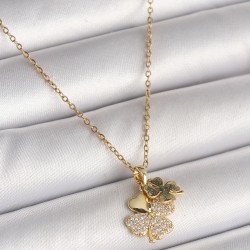 316L Çelik Gold Renk Zincir Sallantı Zirkon Taşlı Yonca Model Kadın Kolye