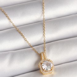 316L Çelik Gold Renk Zincir Zirkon Taşlı Kare Model Kadın Kolye
