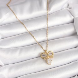 316L Çelik Gold Renk Zincir Zirkon Taşlı Kurdele Model Kadın Kolye